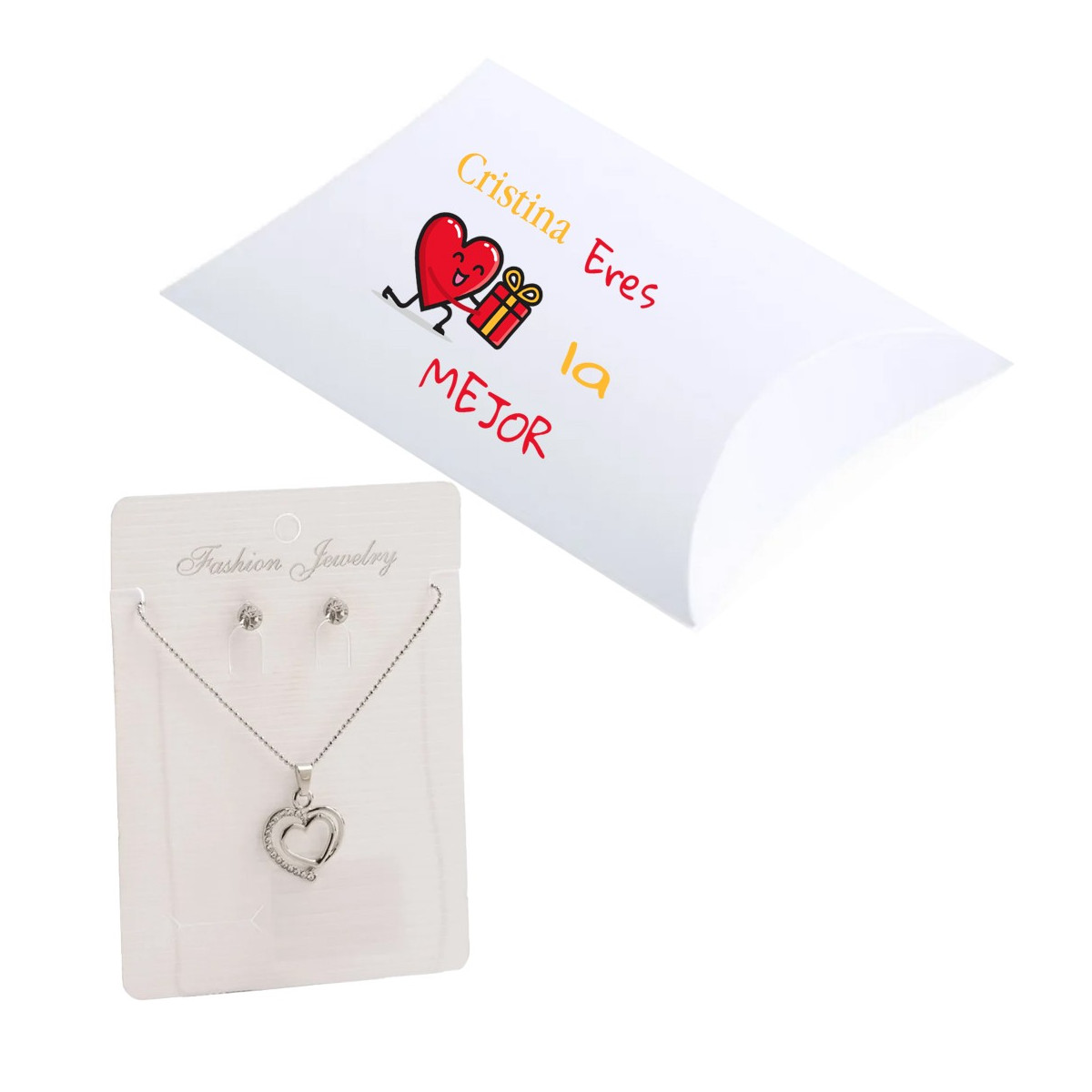 Gargantilla con pendientes en caja de regalo personalizada con nombre eres la mejor