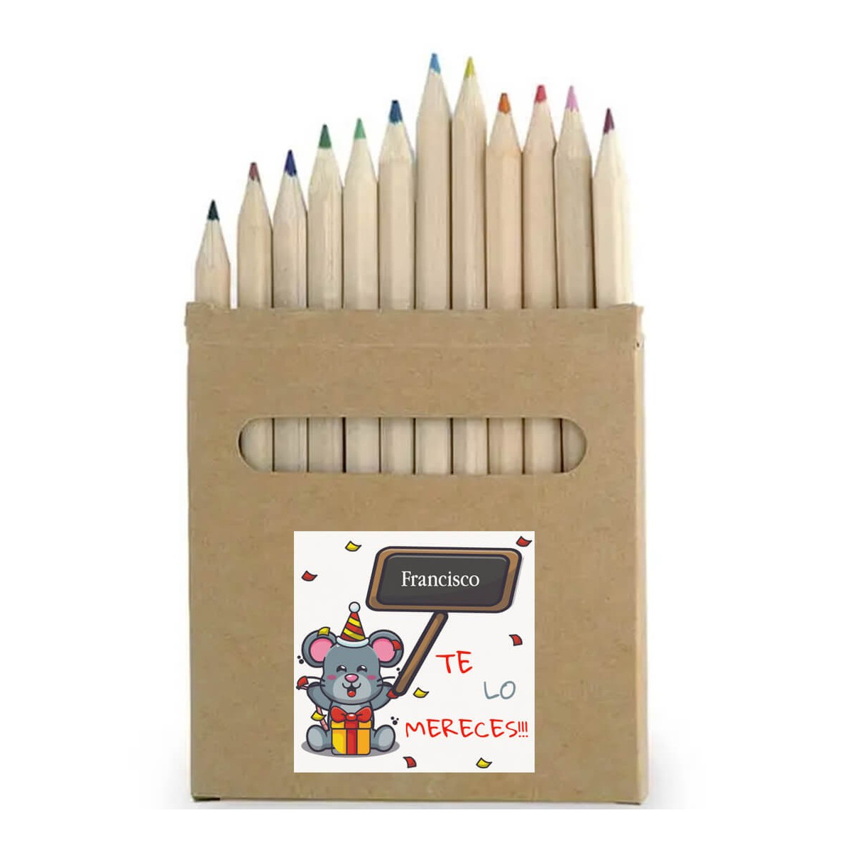 Caja de lápices de colores personalizada con adhesivo con nombre te lo mereces