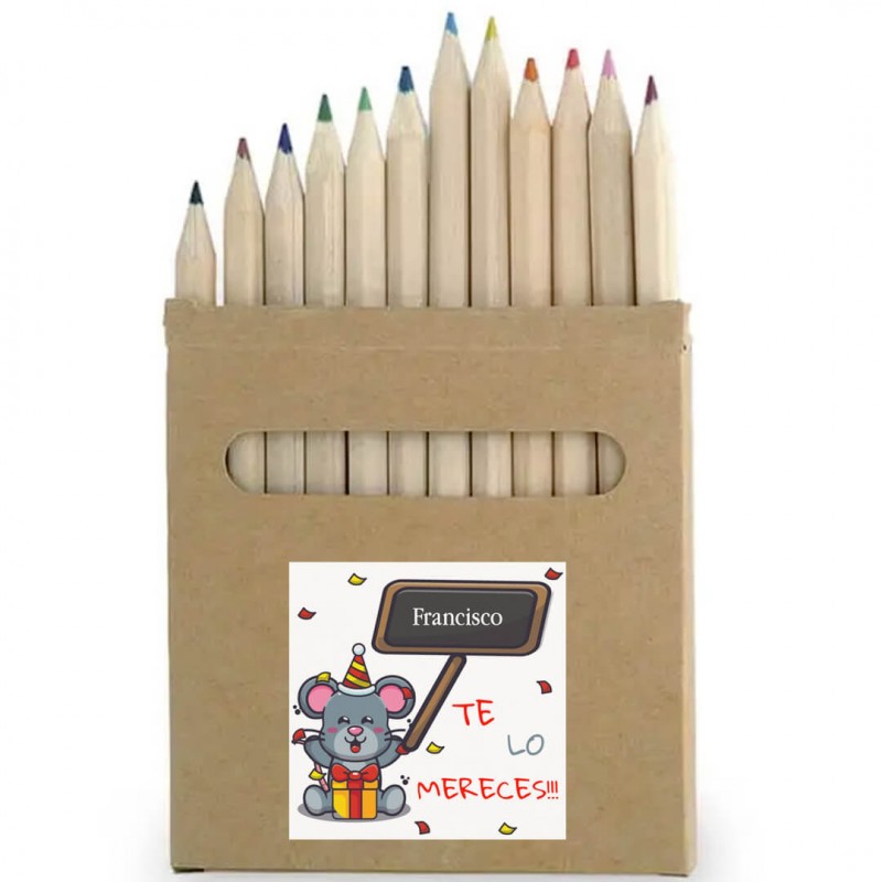 Caja de Lápices de Colores Personalizada con Adhesivo con Nombre Te lo Mereces Caja de Lápices de Colores Personalizada con Adhesivo con Nombre Te lo Mereces