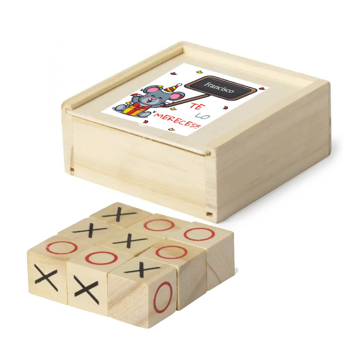 Juego tres en raya en caja de madera personaliza con nombre en adhesivo te lo mereces