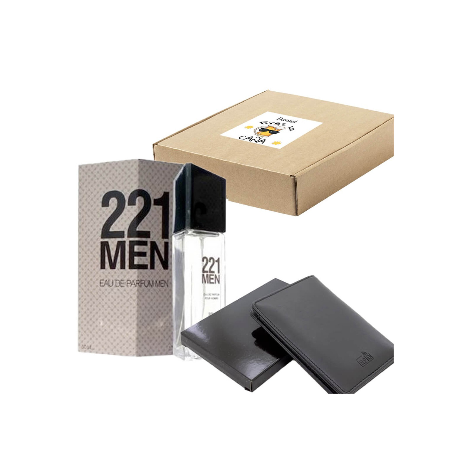 Perfume de hombre con cartera presentada en caja de regalo personalizada con adhesivo eres la caña