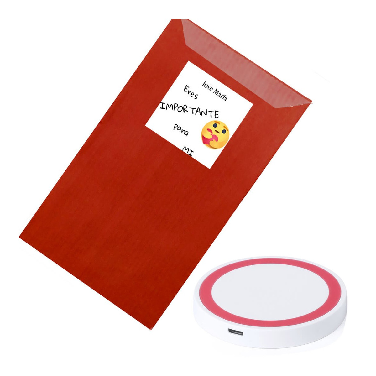 Cargador inalambrico en sobre kraft rojo personalizado con adhesivo eres importante para mi