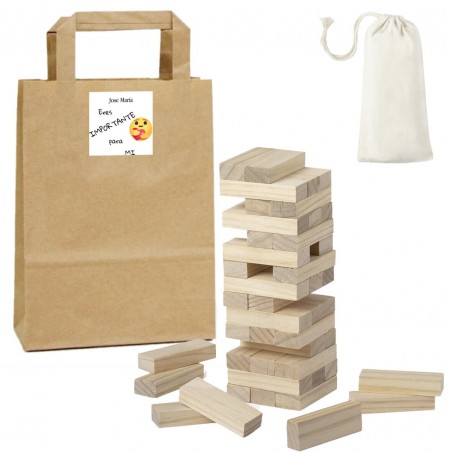 Juego jenga presentado en bolsa kraft personalizada con adhesivo eres importante para mi