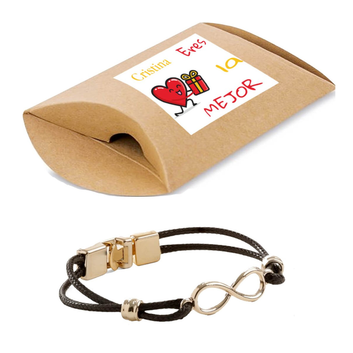 Pulsera infinito en caja kraft personalizada con adhesivo con nombre eres la mejor