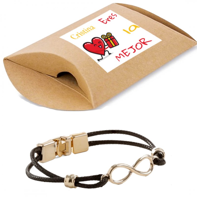Pulsera Infinito en Caja Kraft Personalizada con Adhesivo con Nombre Eres la Mejor Pulsera Infinito en Caja Kraft Personalizada con Adhesivo con Nombre Eres la Mejor