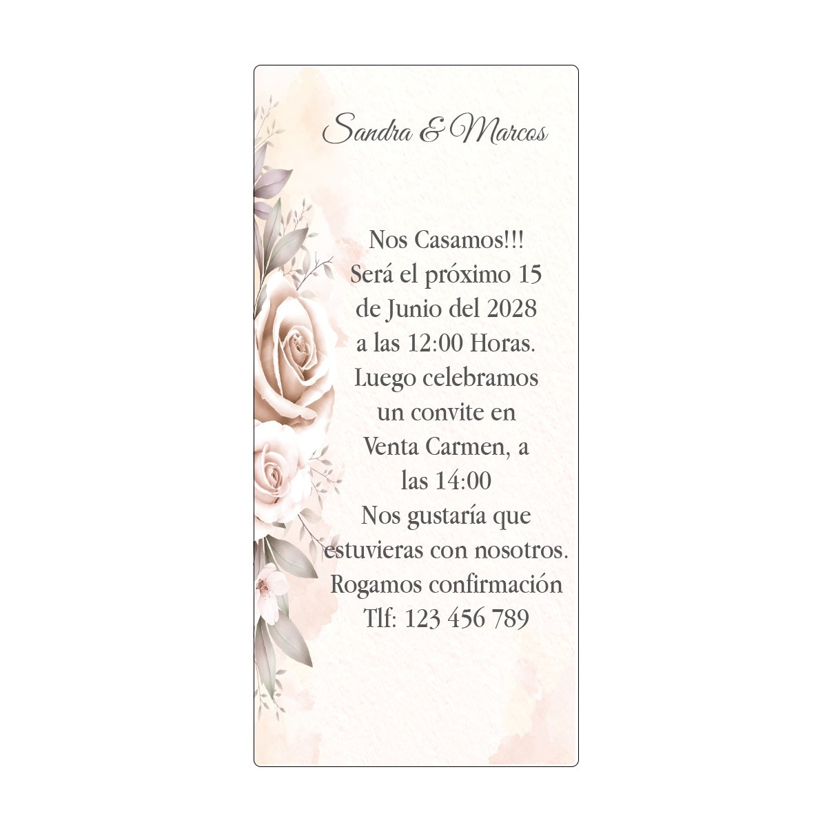 Invitación de boda flores personalizada con texto