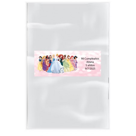 Pack 20 bolsas transparente con adhesivo personalizado con texto y nombre princesas disney