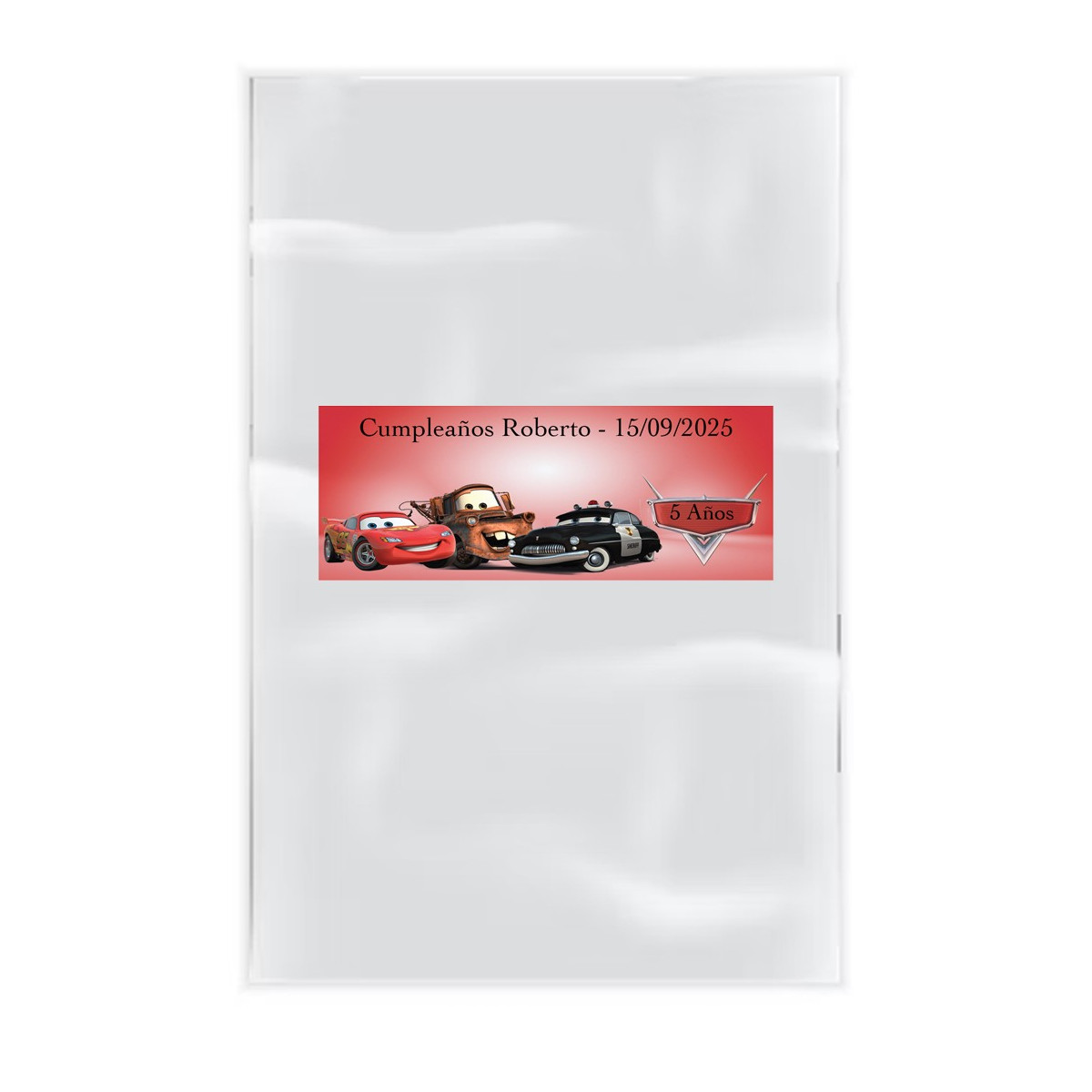 Pack de 20 bolsas transparentes personalizadas con adhesivos cars
