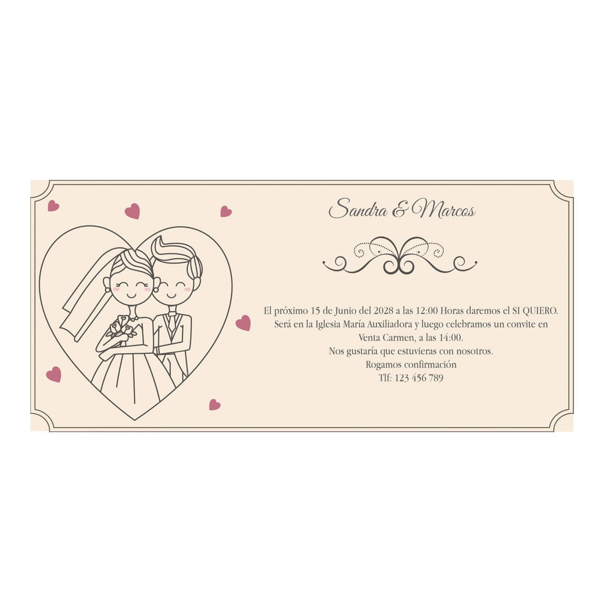 Invitaciones para boda personalizadas novios corazón