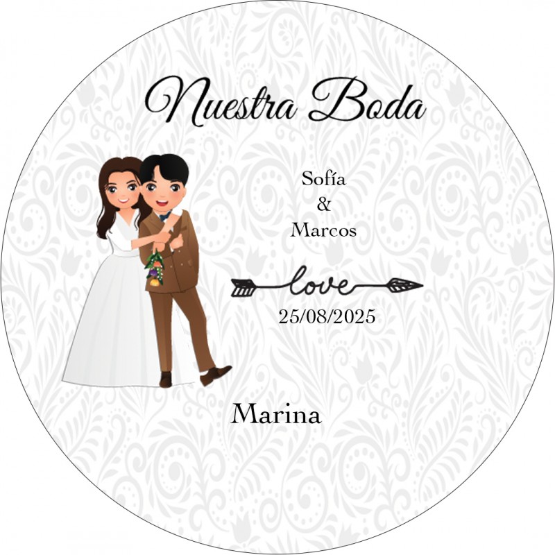 Adhesivo redondo personalizado con nombre de invitados y novios para bodas