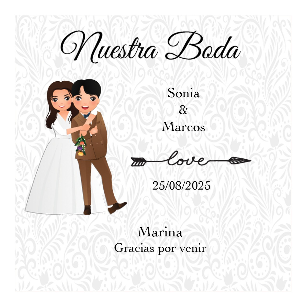 Adhesivo cuadrado personalizado con nombre de invitado y novios para bodas