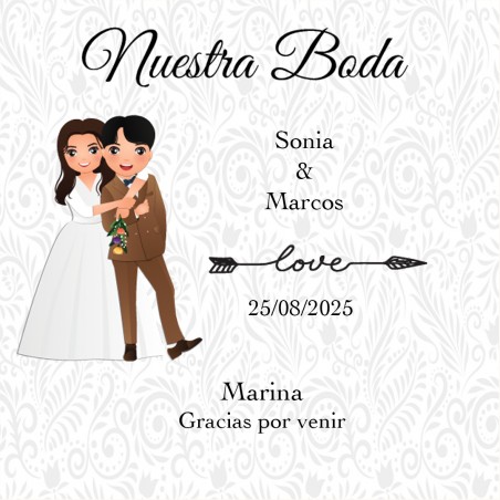 Tarro de chuche personalizado con nombre de invitados y novios para bodas