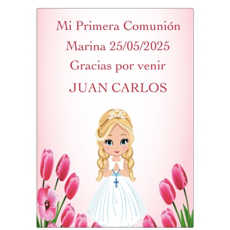 Adhesivo niña comunión personalizado con nombre de invitado y niña