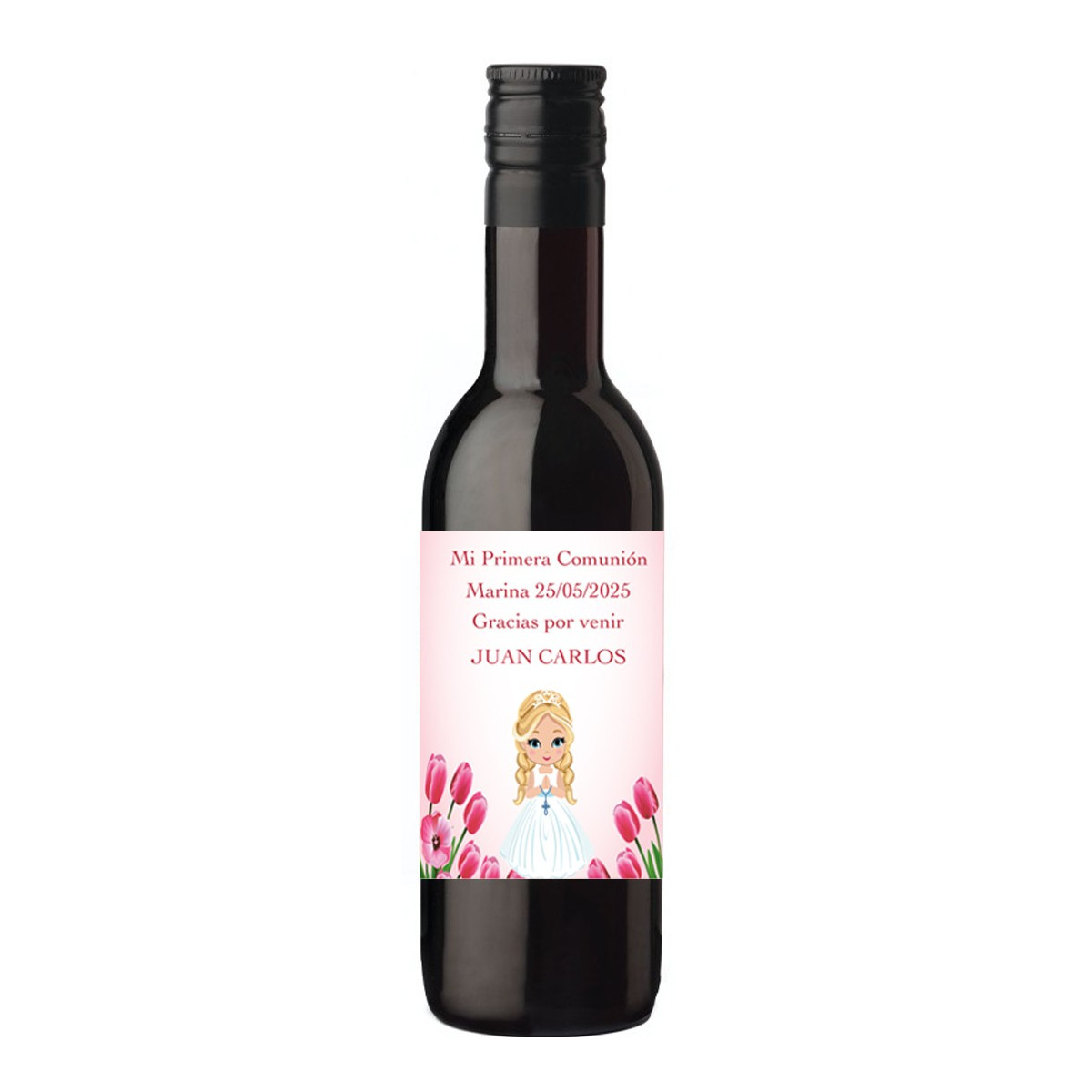 Botella comunión de vino personalizada con nombre de invitado y niña comunión