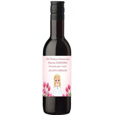 Botella de Vino Comunión Personalizada con Nombre de Invitado y Niña Comunión