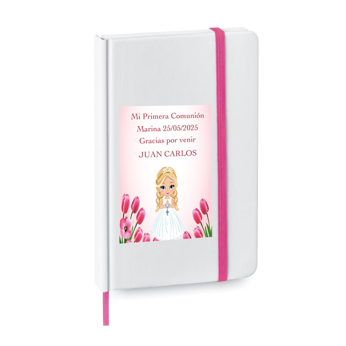 Libreta personalizada con nombre de invitado y niña comunión en adhesivo
