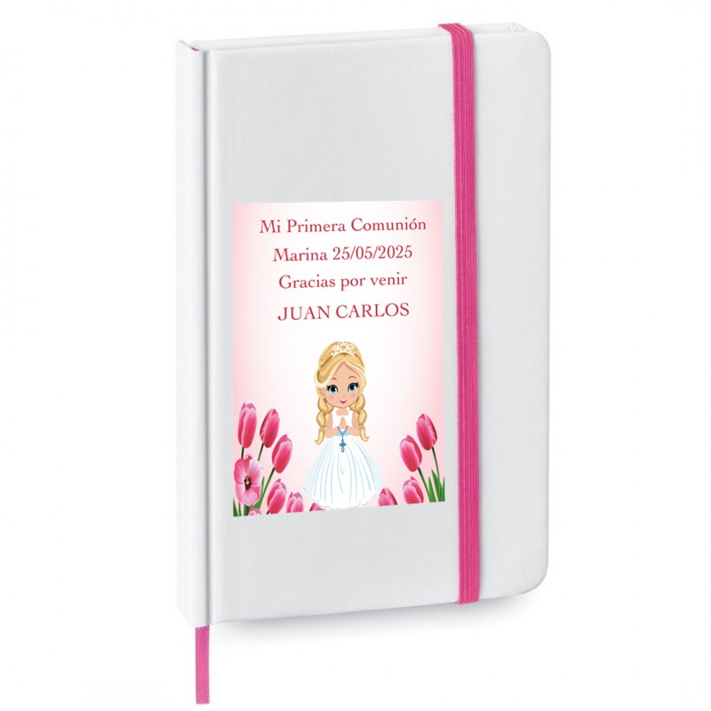 Libreta Personalizada con Nombre de Invitado y Niña Comunión en Adhesivo Libreta Personalizada con Nombre de Invitado y Niña Comunión en Adhesivo