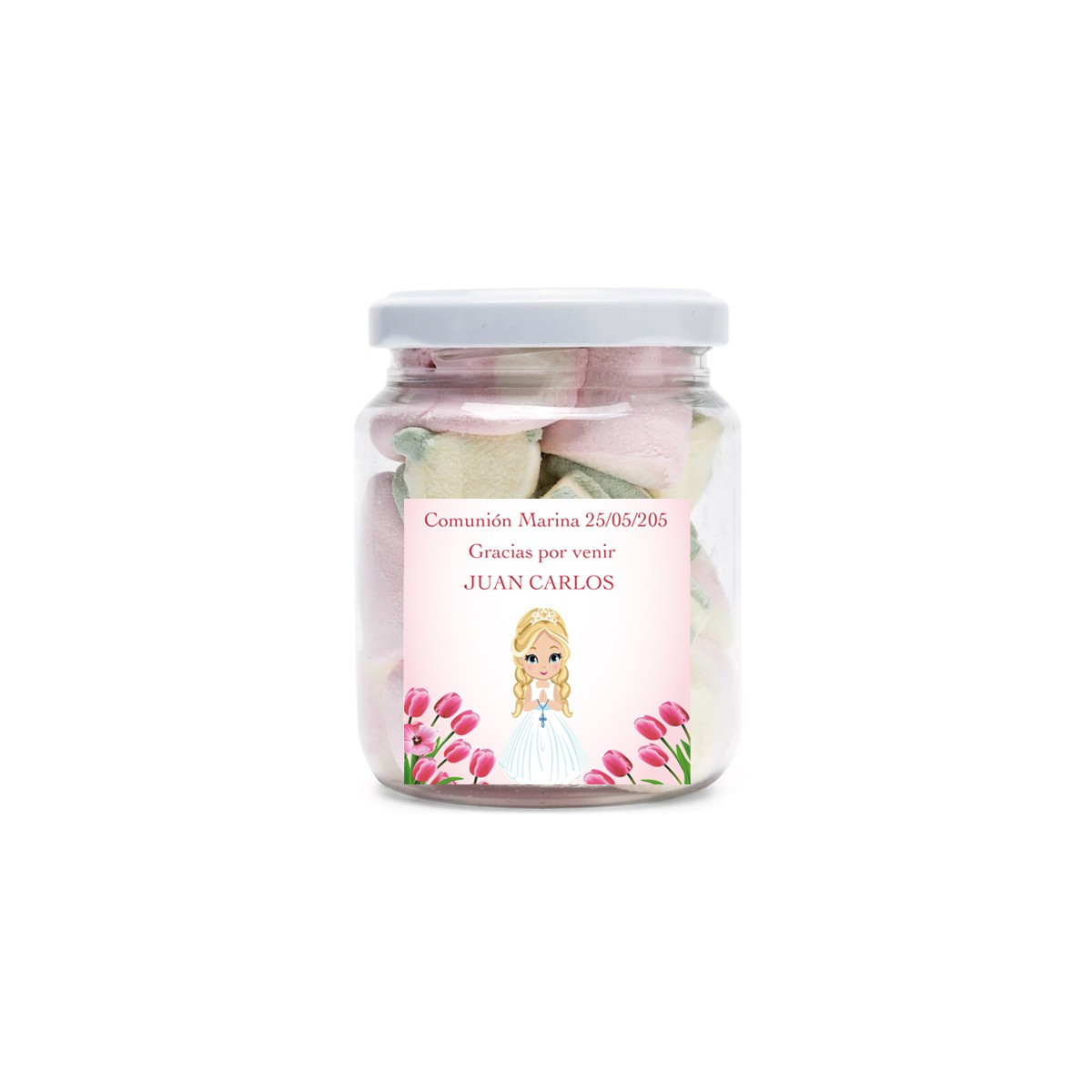 Tarro de chuche personalizado con nombre de invitado y niña comunión en adhesivo