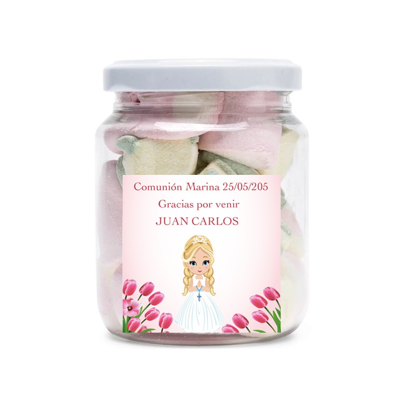 Tarro de Chuche Personalizado con Nombre de Invitado y Niña Comunión en Adhesivo Tarro de Chuche Personalizado con Nombre de Invitado y Niña Comunión en Adhesivo