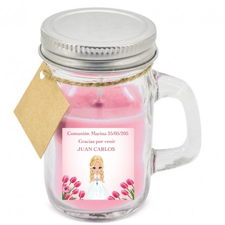 Vela aromática rosa personalizada con nombre de invitado y niña comunión con adhesivo