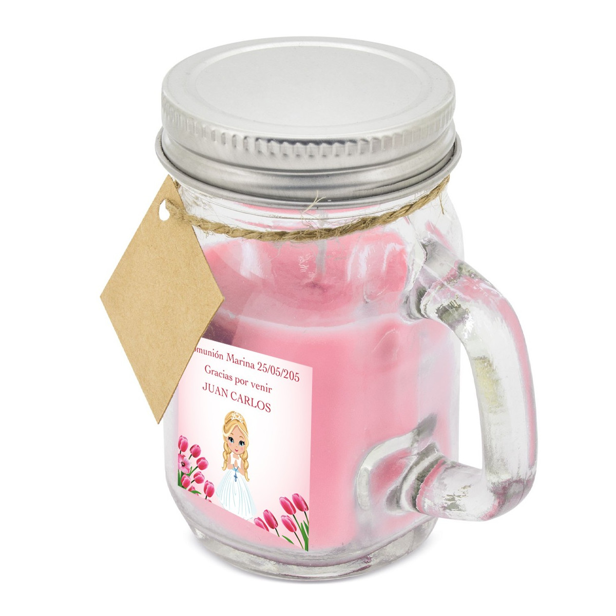 Vela aromática rosa personalizada con nombre de invitado y niña comunión con adhesivo