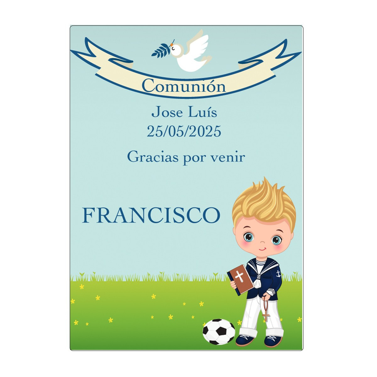 Pegatina comunión niño personalizado con nombre de los invitados