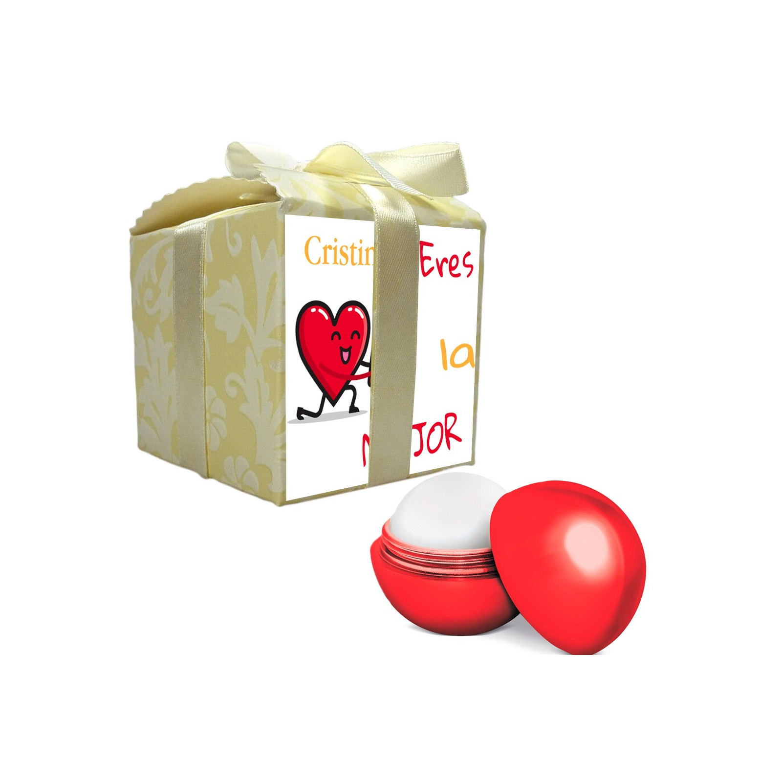 Bálsamo labial rojo presentado en cajita de regalo con adhesivo personalizado con nombre