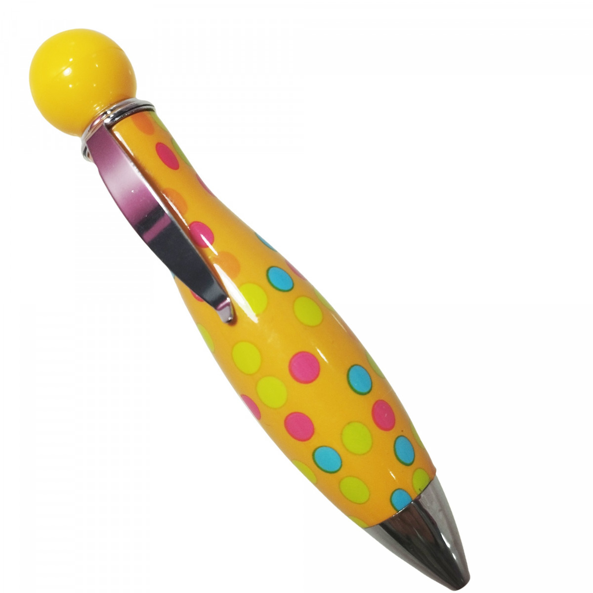 Bolígrafo amarillo con barriga y estampado de círculos de colores, boli gracioso de regalo