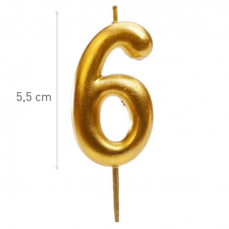Vela de cumpleaños en color oro del número 6