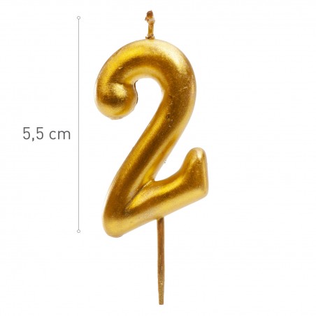 Vela de cumpleaños en color oro del número 2
