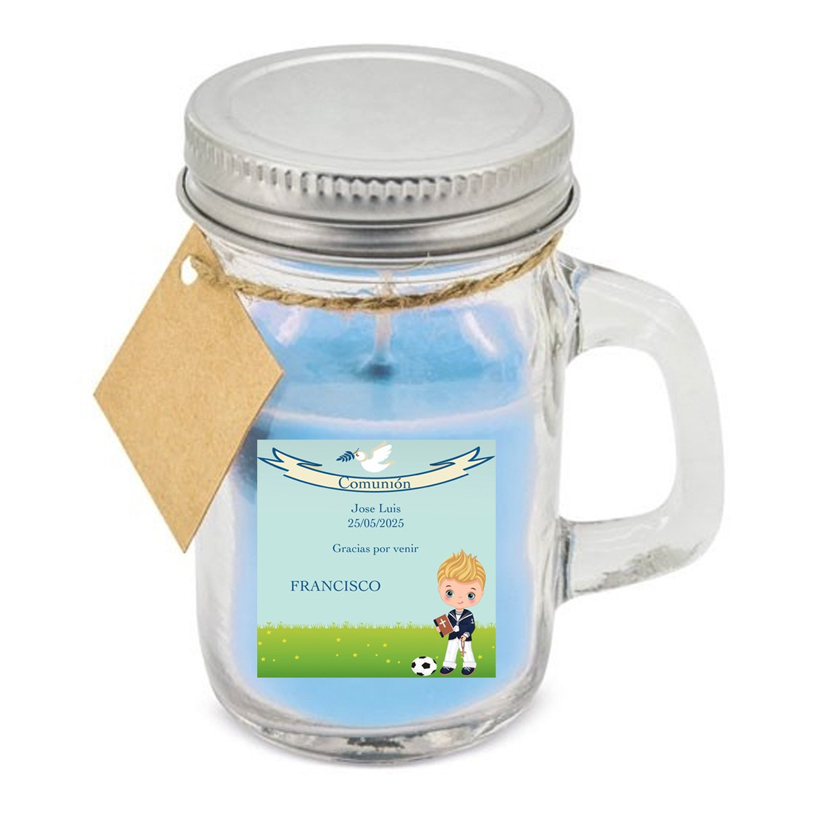 Vela aromática con adhesivo personalizada con nombre de invitados
