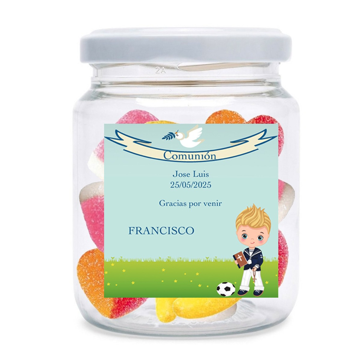 Tarro de chuche de comunión con adhesivo personalizado con los nombres de invitados