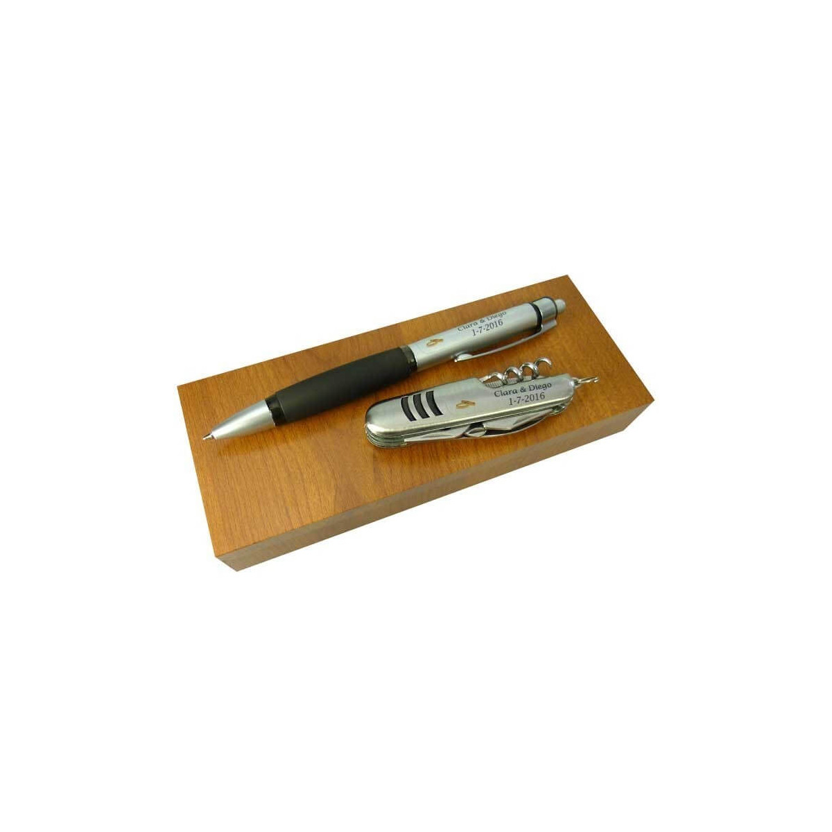Navaja + bolígrafo en caja de madera personalizados para detalles de boda