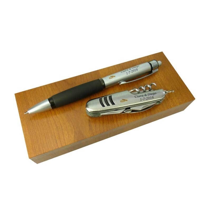 Navaja + bolígrafo en caja de madera personalizados para detalles de boda