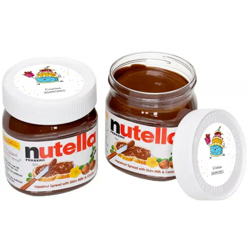 Nutella 25 gramos personalizada en la tapadera con adhesivo de cumpleaños