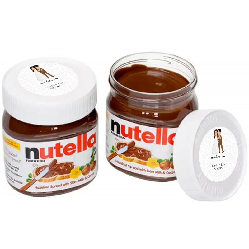 Nutella 25 gramos para bodas personalizada con adhesivo de 3 cm