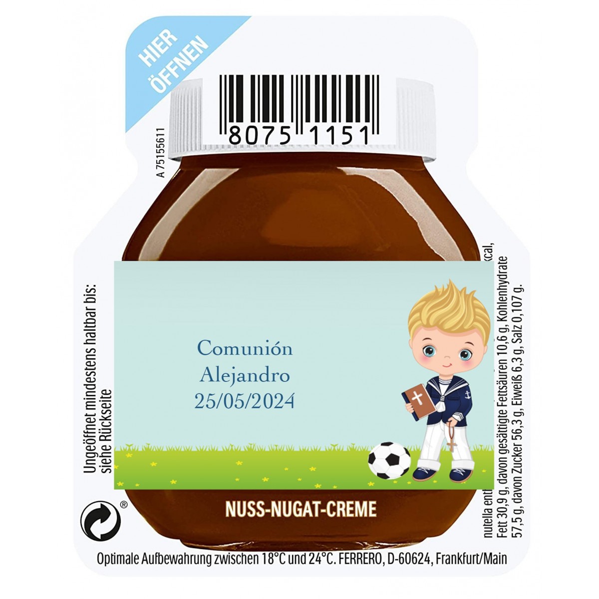 Detalles Comunión Niño Nutella con Adhesivo Personalizado