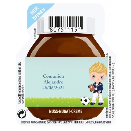Nutella de 15 gramos para un servicio personalizada con adhesivo niño de comunión