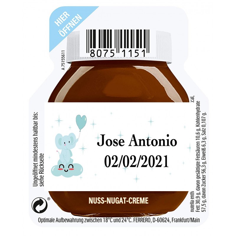 Nutella de 15 gramos para un servicio personalizada con adhesivo de bautizo niño