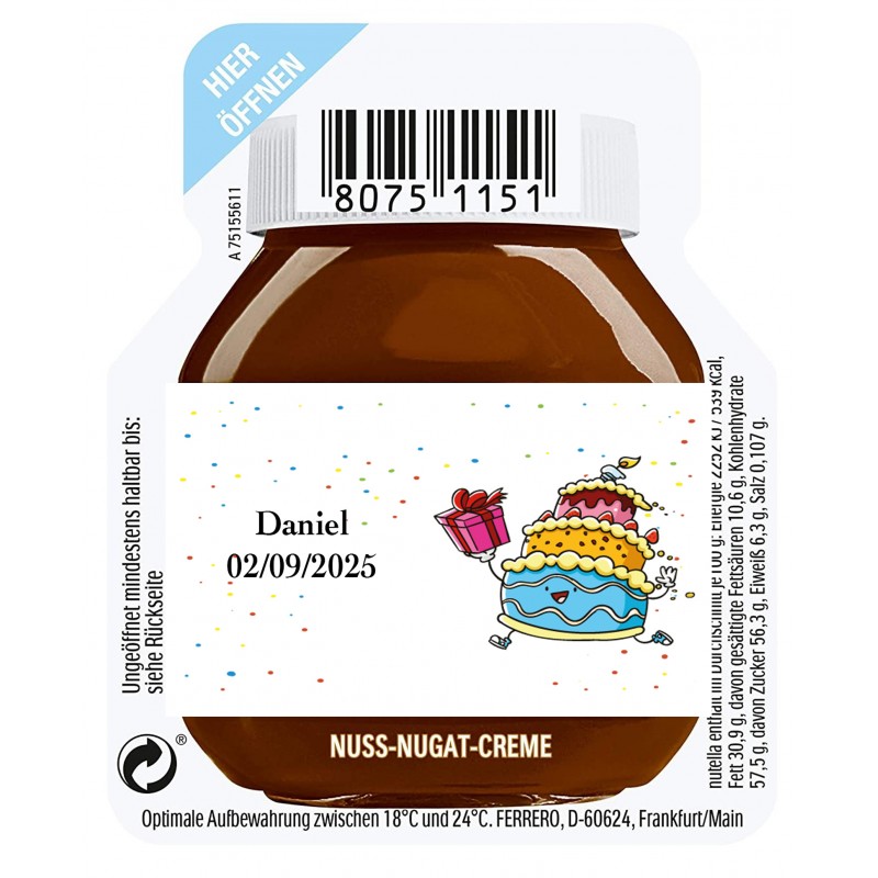 Nutella de 15 gramos para un servicio personalizada con adhesivo de cumpleaños