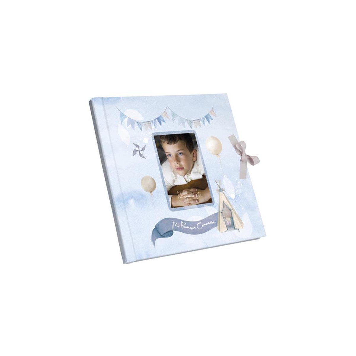Libro de comunión celeste para fotos con cierre de lazo