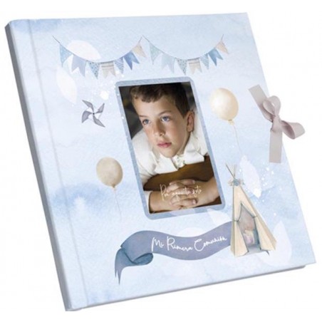 Libro de Comunión Celeste para Fotos con Cierre de Lazo