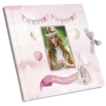 Libro de comunión rosa para foto con cierre de lazo
