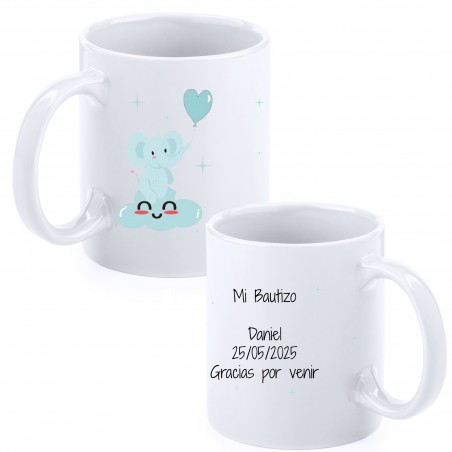 Taza bautizo elefante celeste personalizada con nombre fecha y dedicatoria