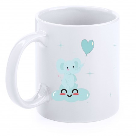 Taza bautizo elefante celeste personalizada con nombre fecha y dedicatoria