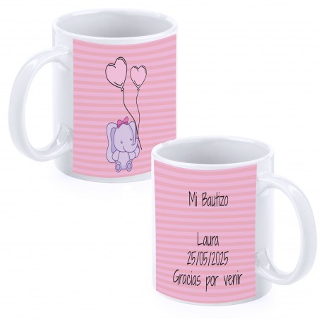 Taza Bautizo Elefante Rosa Personalizada con Nombre,...