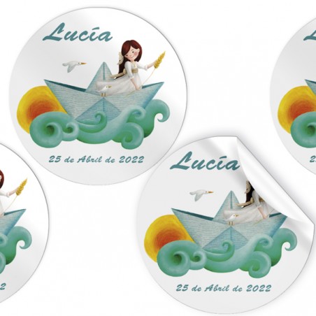 Pack de 96 adhesivos Niña Comunión en Barco de Papel