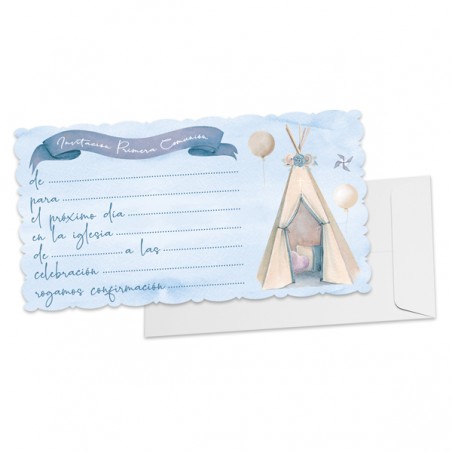 Pack de 10 Invitaciones Primera Comunión Celeste con Sobre