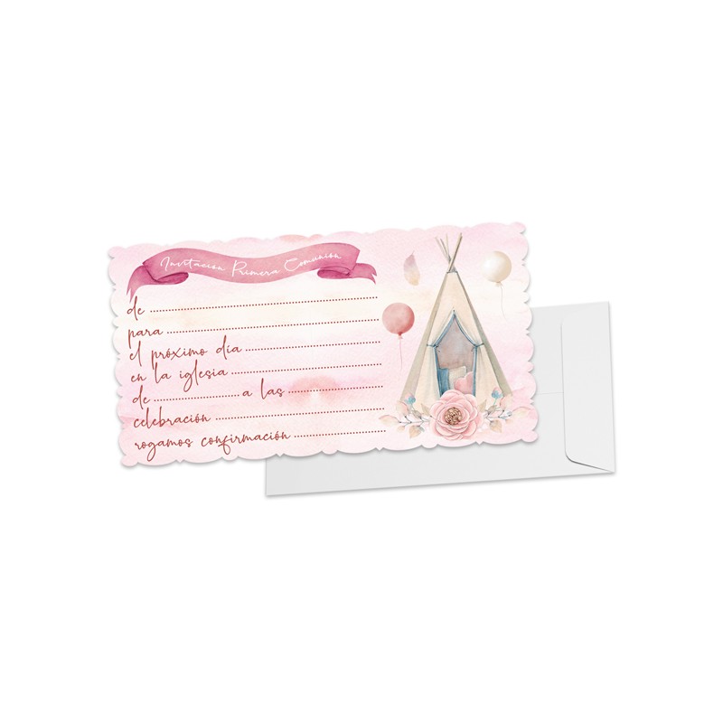 Pack de 10 Invitaciones de Comunión Rosa con Rosa Pack de 10 Invitaciones de Comunión Rosa con Rosa
