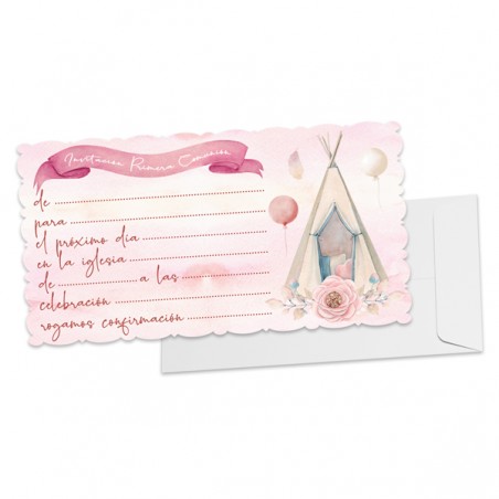 Pack de 10 Invitaciones de Comunión Rosa con Rosa